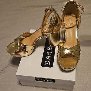 BAMBOO Shiny Platform Cross Strap Gold Heeled Sandals